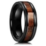 Black Titanium Alloy Wedding Band with Real Acacia Wood Inlay - Vintage Milgrain Men's Ring