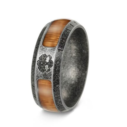 Viking Rune Ring 304 Stainless Steel Whiskey Barrel Wood Inlay Tree of Life Engagement Band Antique Distressed Finish