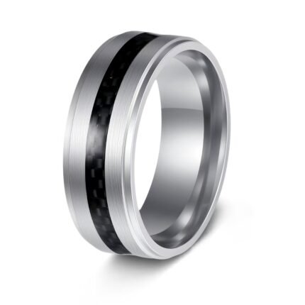 304 Stainless Steel Carbon Fiber Inlay Ring for Men, Minimalist Brushed Engagement Band, Hand-Polished Hypoallergenic Jewelry