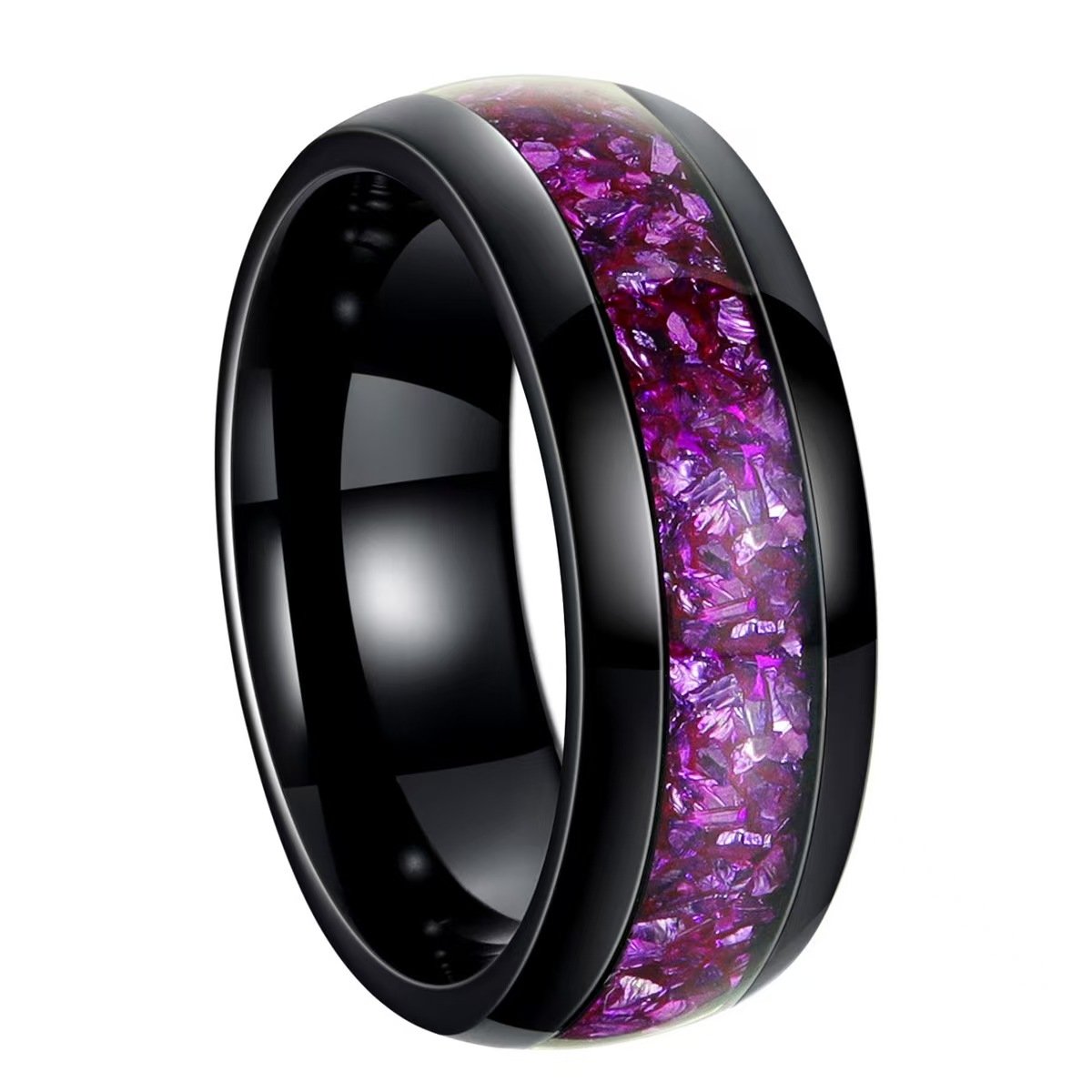 4a1ff4c13390308e25e253764c8d7313 304 Stainless Steel Purple Amethyst Inlay Ring Black Minimalist Engagement Band for Men and Women - 图片 1