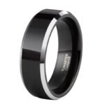 8mm Black Tungsten Carbide Ring for Men - Polished Silver Beveled Edge Wedding Band - Scratch Resistant Classic Engagement Jewelry