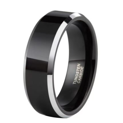 8mm Black Tungsten Carbide Ring for Men - Polished Silver Beveled Edge Wedding Band - Scratch Resistant Classic Engagement Jewelry