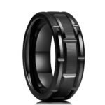 Modern Industrial Black Steel Ring for Men | 316L Stainless Steel Brick Pattern Brushed Wedding Band | Minimalist Mechanical Masculine Accessory