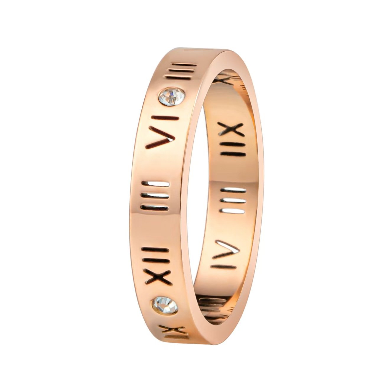 5ef8cf41f64d64e0c81ba75a6a8a05b1 18K Rose Gold Plated 316L Stainless Steel Roman Numeral Hollow Ring Vintage Wedding Band with CZ Accents - 图片 1