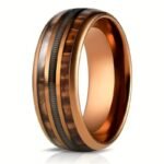 316L Stainless Steel Wedding Band with Guitar String & Whiskey Barrel Wood Inlay - Rose Gold Men's Music-Themed Ring