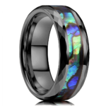 Tungsten Carbide Abalone Shell Wedding Band - Black Faceted Hammered Ring for Men & Women - Hand-Polished Classic Jewelry