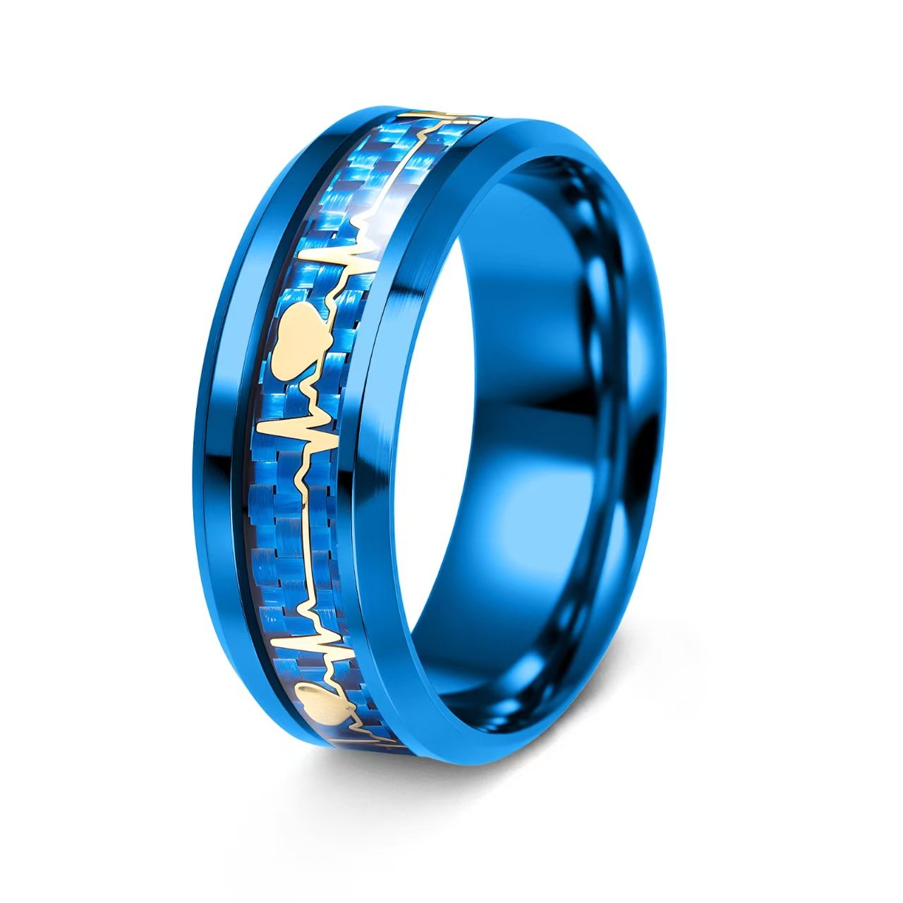 7adb328e9a56271cf48a0619f78183f0 304 Stainless Steel Blue Carbon Fiber Heartbeat Ring for Couples - Matte Finish EKG Promise Band - 图片 1