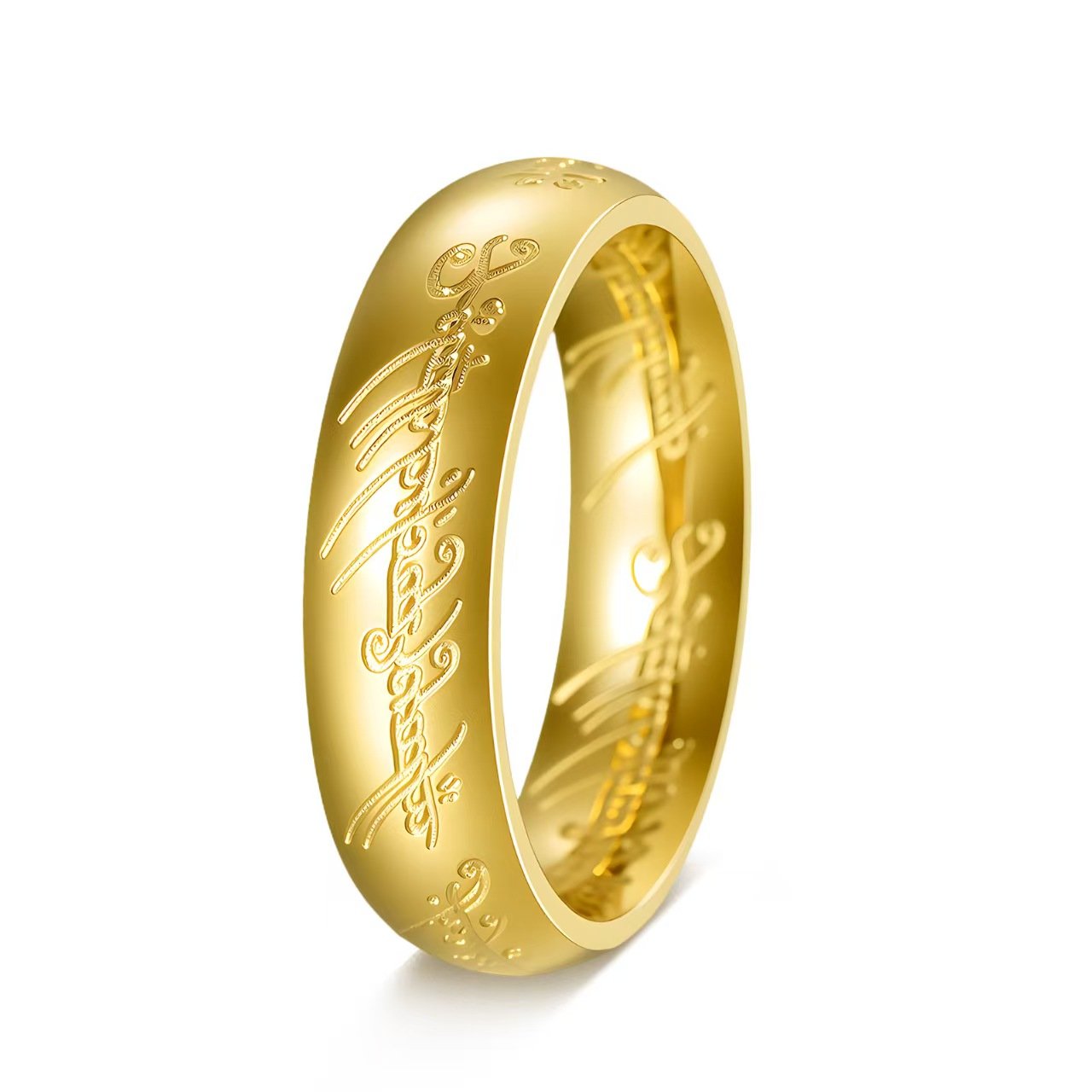 82deca06b8b09cf120b57ef21f1f4fd8 18K Gold Plated 316L Stainless Steel Vintage Script Ring - Etched Elvish Band for Daily Wear - 图片 1