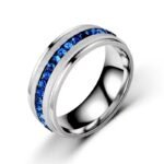 304 Stainless Steel Blue Zircon Engagement Ring - Classic Brushed Wedding Band for Men & Women