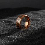 316L Stainless Steel Wedding Band with Guitar String & Whiskey Barrel Wood Inlay - Rose Gold Men's Music-Themed Ring - 图片 3