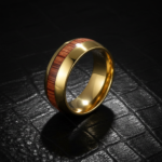 18K Gold PVD Stainless Steel Ring with Natural Wood Inlay - Classic Men's Wedding Band - 图片 2