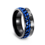 316L Stainless Steel 8mm Fidget Spinner Ring for Men Black & Blue Roman Numeral Curb Chain Band