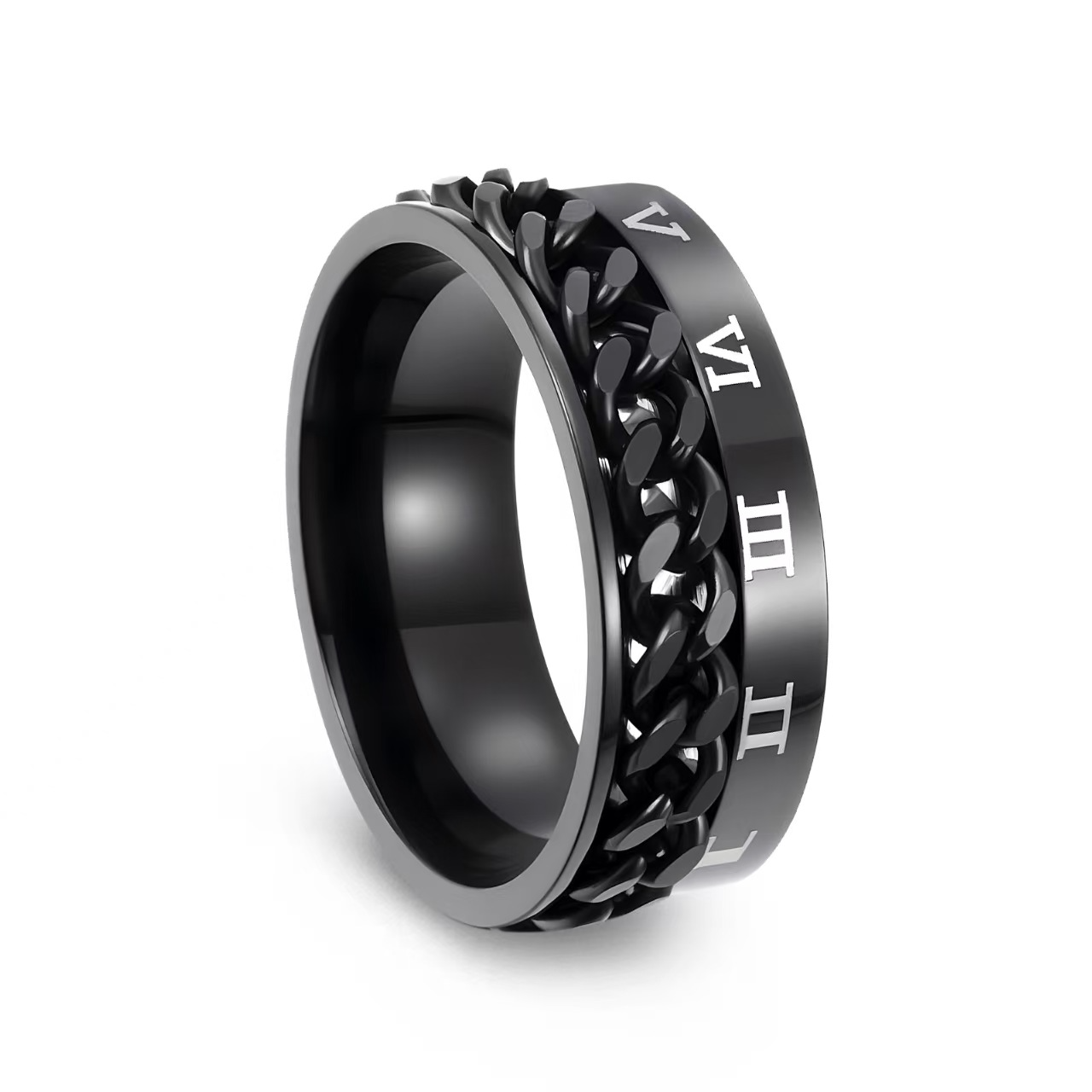 aura-ring-edit (5) 316L Stainless Steel Black Roman Numeral Spinner Ring - 8mm Rotatable Curb Chain Fidget Band for Men & Women - 图片 1