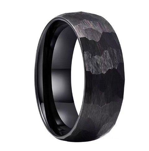 b8796f239fc1c074544e73e88bb9e98c 8mm Black Tungsten Carbide Wedding Band for Men, Hand Hammered Brushed Finish Ring, Minimalist Matte Comfort Fit Jewelry - 图片 1