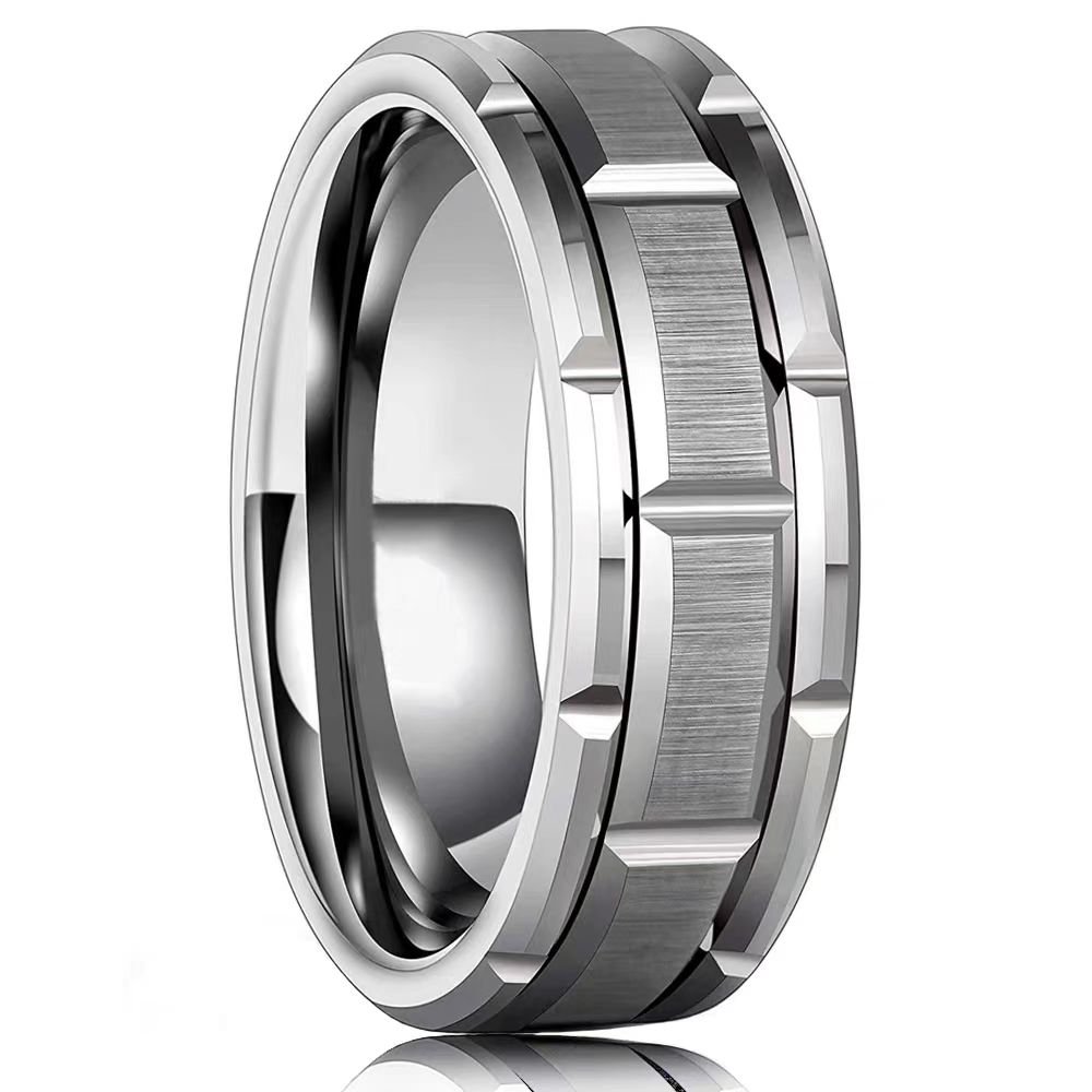 d15f46087af7242a3a5df0cc409e07a1 Architectural Geometric Brushed Stainless Steel Ring - Silver Titanium Coated Men's Band - 图片 1
