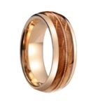18K Rose Gold Plated Stainless Steel Guitar String & Whiskey Barrel Wood Inlay Wedding Band - Vintage Hand-Polished Ring