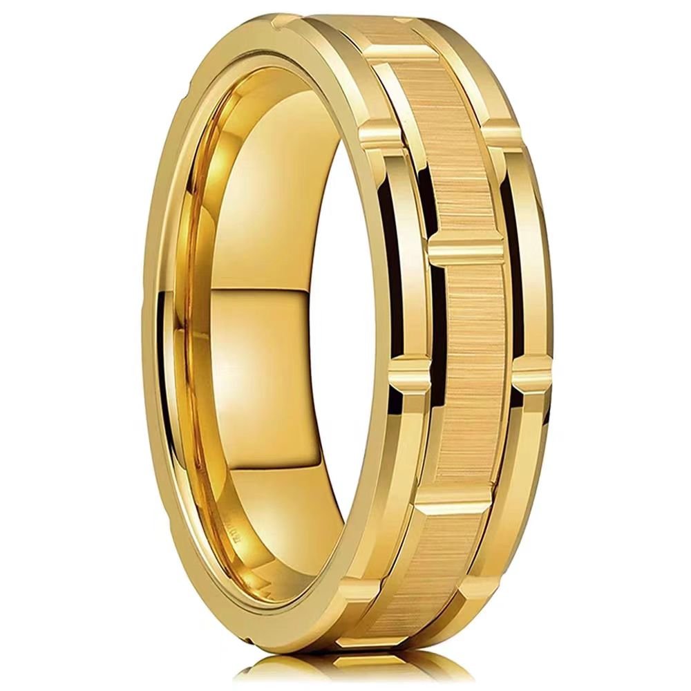 f486711a10dcf7b2fdf900ff8498e450 18K Gold PVD Plated Titanium Coated Stainless Steel Ring | Men's Brushed Geometric Architectural Band | 8mm Comfort Fit - 图片 1