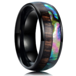 Titanium Alloy Black Ring with Wood and Abalone Shell Inlay - Vintage Steampunk Wedding Band for Men