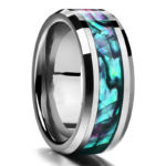 Tungsten Carbide Abalone Shell Inlay Wedding Band - 8mm Hand Polished Beveled Edge Ring for Men