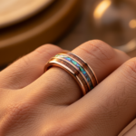 Titanium Alloy Rose Gold Wedding Band with Koa Wood and Abalone Shell Inlay - Vintage Men's Promise Ring - 图片 4