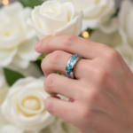 Tungsten Carbide Abalone Shell Inlay Wedding Band - 8mm Hand Polished Beveled Edge Ring for Men - 图片 3