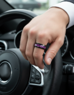 304 Stainless Steel Purple Amethyst Inlay Ring Black Minimalist Engagement Band for Men and Women - 图片 4