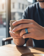 304 Stainless Steel Blue Carbon Fiber Heartbeat Ring for Couples - Matte Finish EKG Promise Band - 图片 3