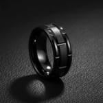 Modern Industrial Black Steel Ring for Men | 316L Stainless Steel Brick Pattern Brushed Wedding Band | Minimalist Mechanical Masculine Accessory - 图片 2
