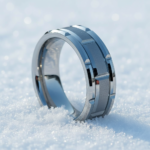 Architectural Geometric Brushed Stainless Steel Ring - Silver Titanium Coated Men's Band - 图片 2