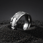 Architectural Geometric Brushed Stainless Steel Ring - Silver Titanium Coated Men's Band - 图片 4