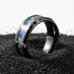 Tungsten Carbide Abalone Shell Wedding Band - Black Faceted Hammered Ring for Men & Women - Hand-Polished Classic Jewelry - 图片 3