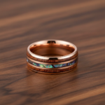 Titanium Alloy Rose Gold Wedding Band with Koa Wood and Abalone Shell Inlay - Vintage Men's Promise Ring - 图片 3