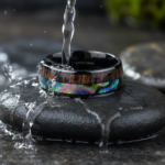 Titanium Alloy Black Ring with Wood and Abalone Shell Inlay - Vintage Steampunk Wedding Band for Men - 图片 3