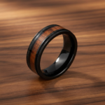 Black Titanium Alloy Wedding Band with Real Acacia Wood Inlay - Vintage Milgrain Men's Ring - 图片 2