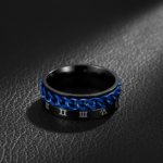 316L Stainless Steel 8mm Fidget Spinner Ring for Men Black & Blue Roman Numeral Curb Chain Band - 图片 2